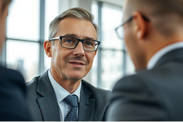 An executive in conversation with colleagues in a modern office.